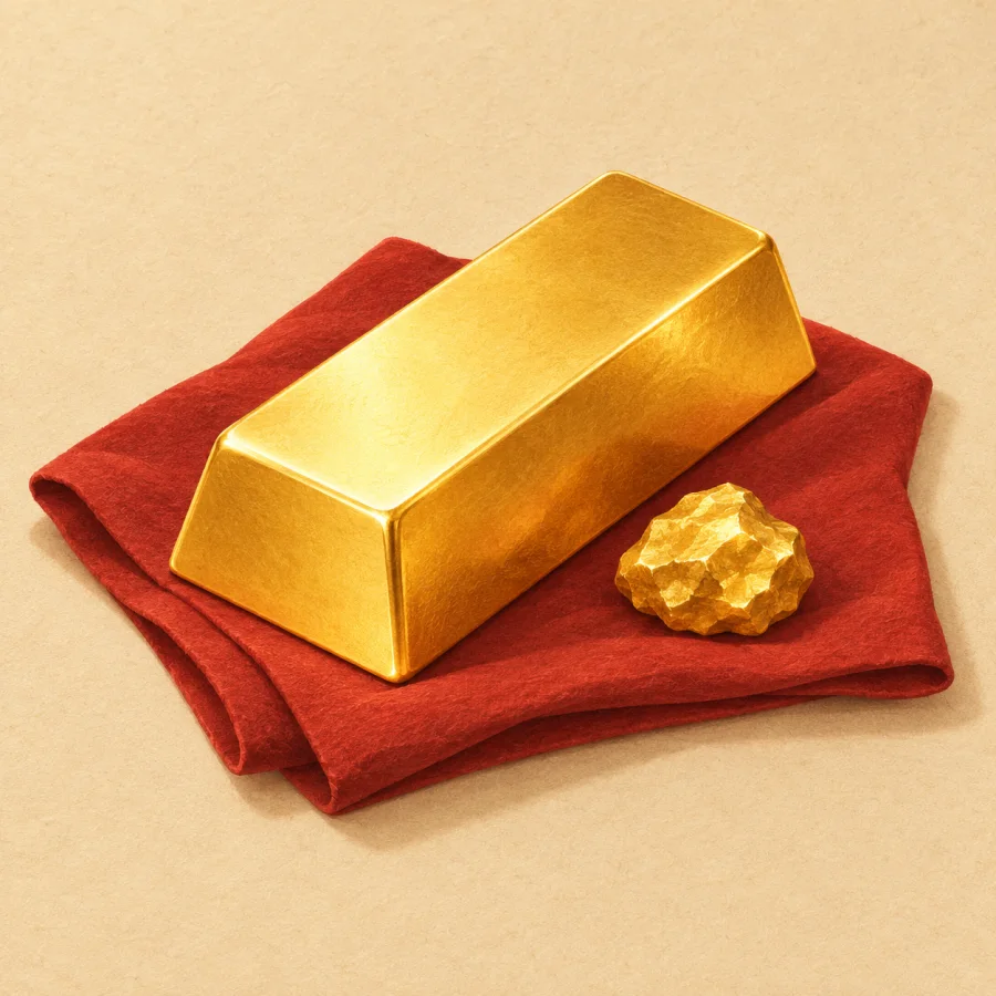A gold bar lies on a red cloth