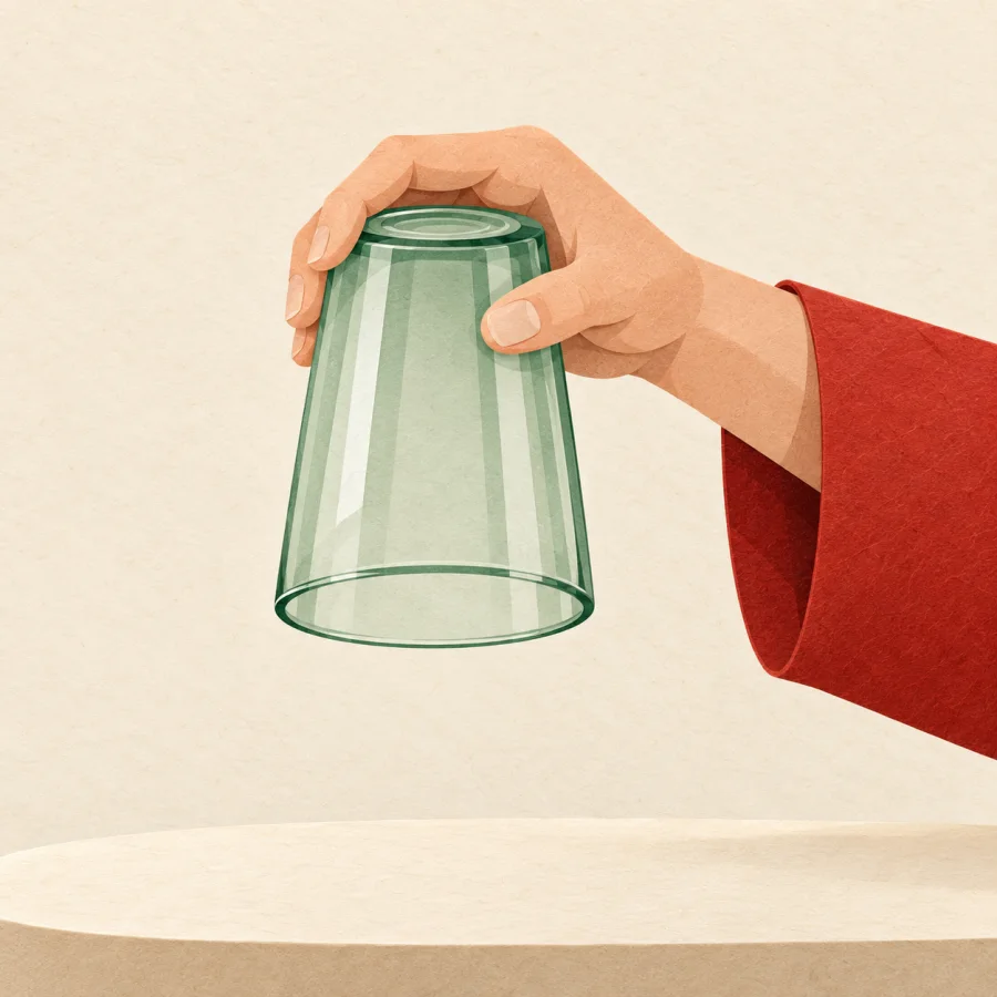 A person turns an empty glass upside down, all the water gone