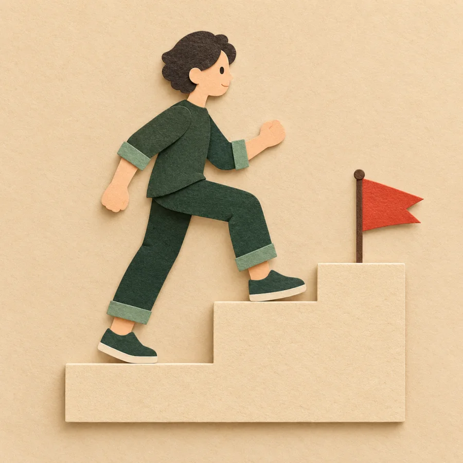 A person steps from the first stair to the next