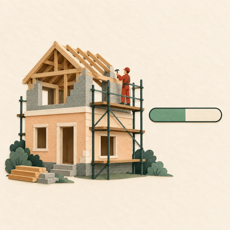 A building under construction beside a progress bar