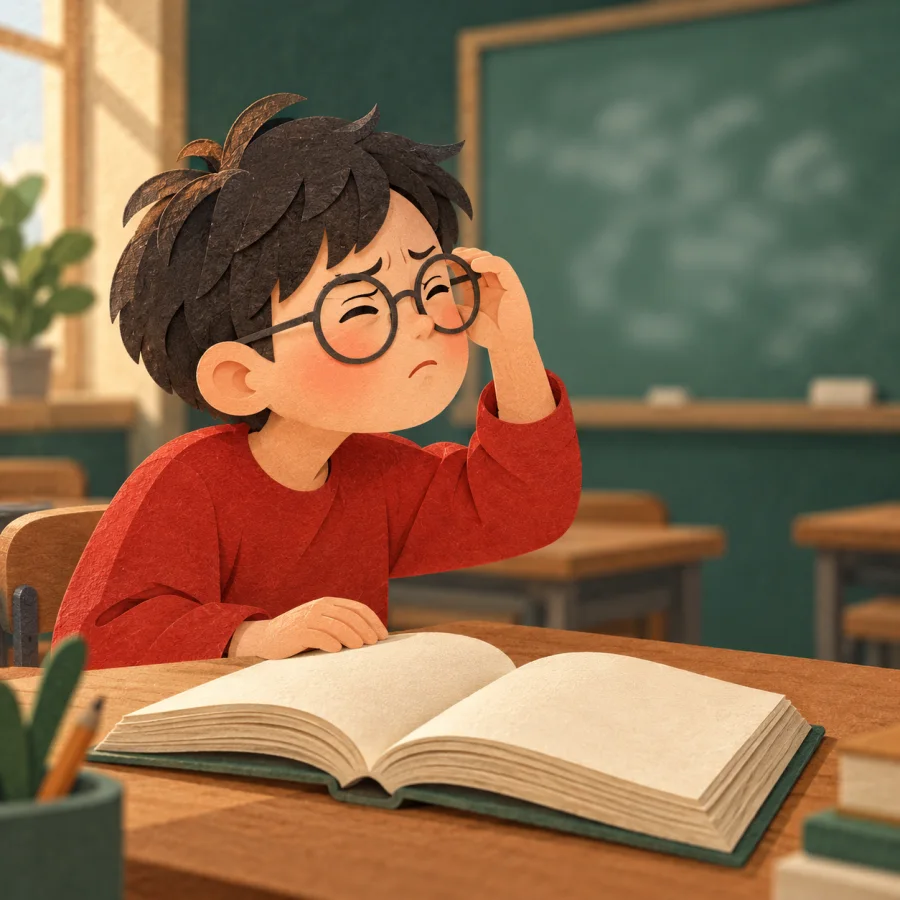 A child in glasses squints at a distant board