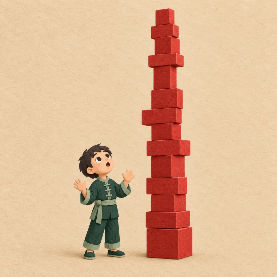 A person with wide eyes looks up at a very tall tower