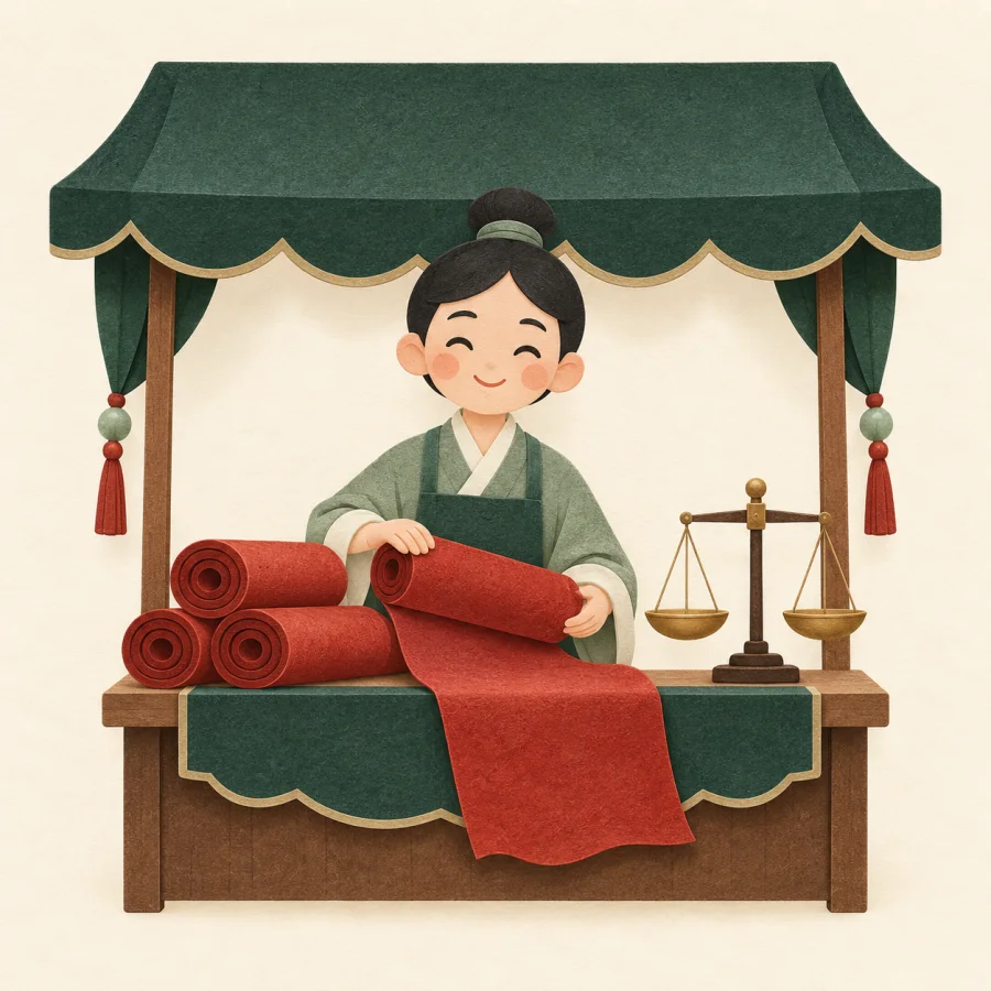 A merchant behind a counter with rolls of cloth and scales