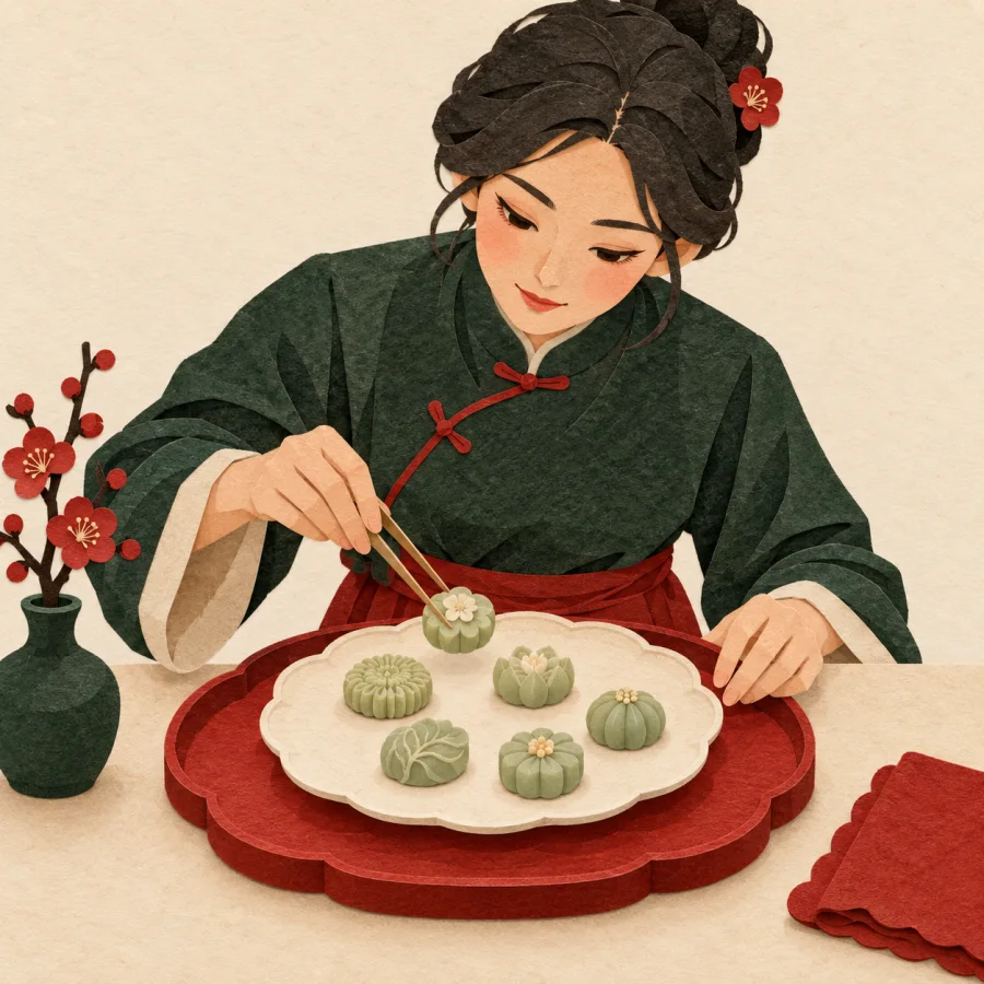 A person carefully places small pastries on a plate with tweezers