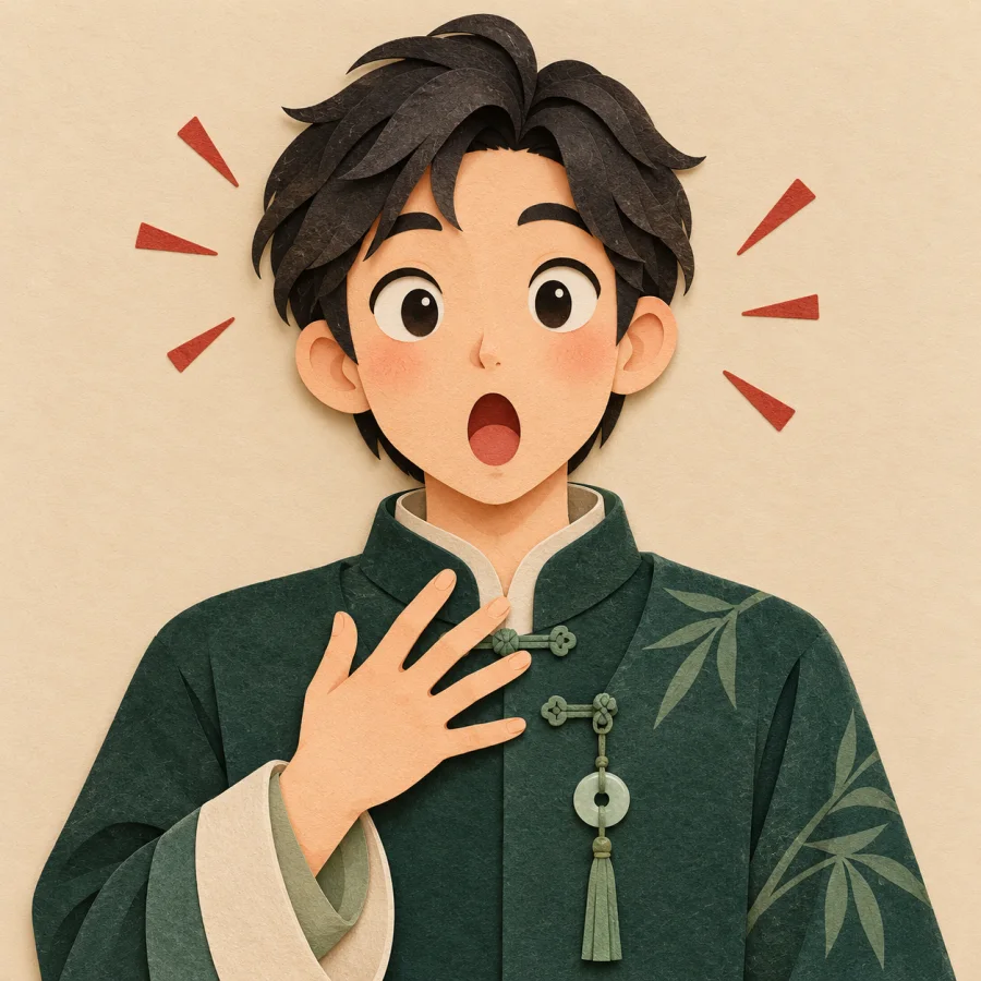 A person with wide eyes and raised eyebrows