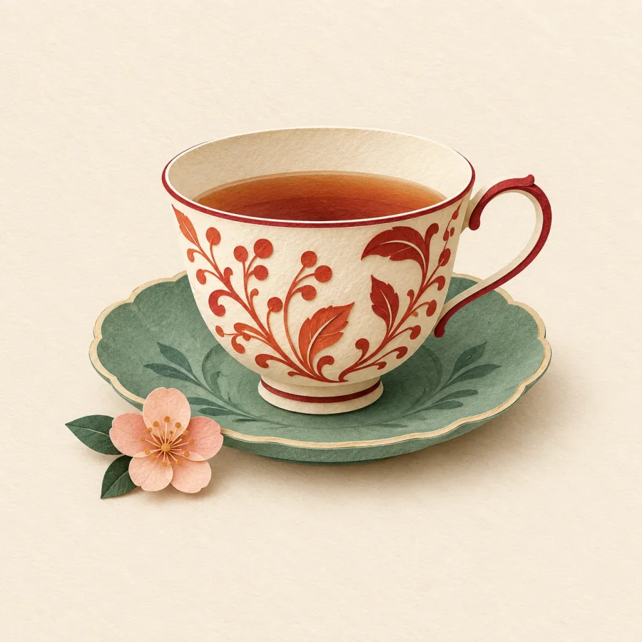 A small, delicate teacup on a patterned saucer