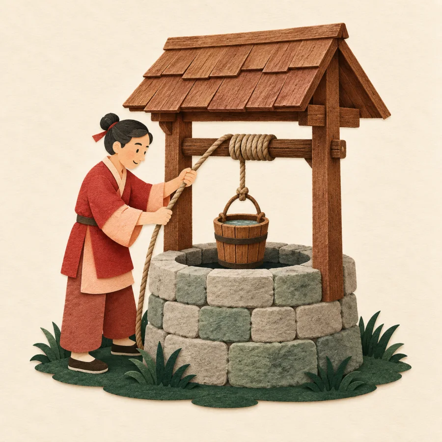 A stone well with a bucket on a rope