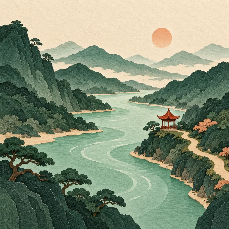 A river, green hills and a path along the bank