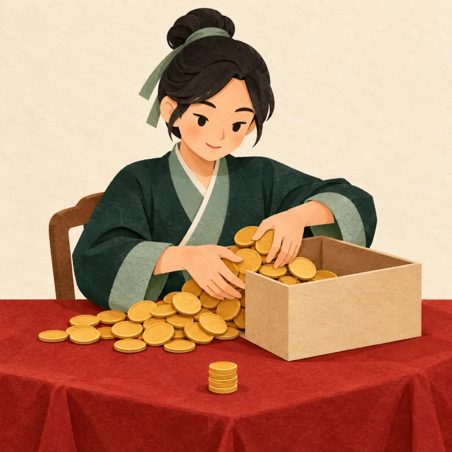 A big pile of coins moved into a box, a small stack left