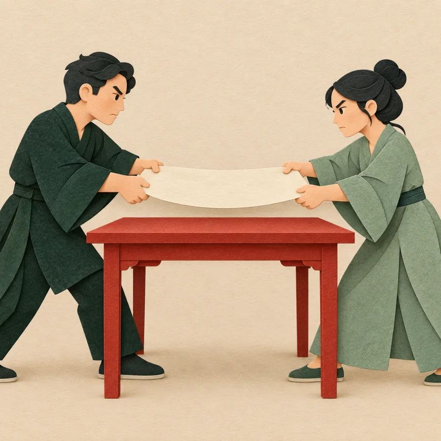 Two people argue, each holding one end of a paper