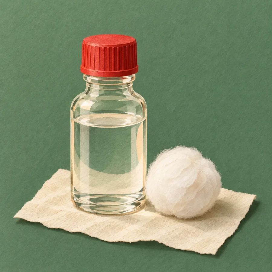 A bottle of clear liquid and a cotton ball