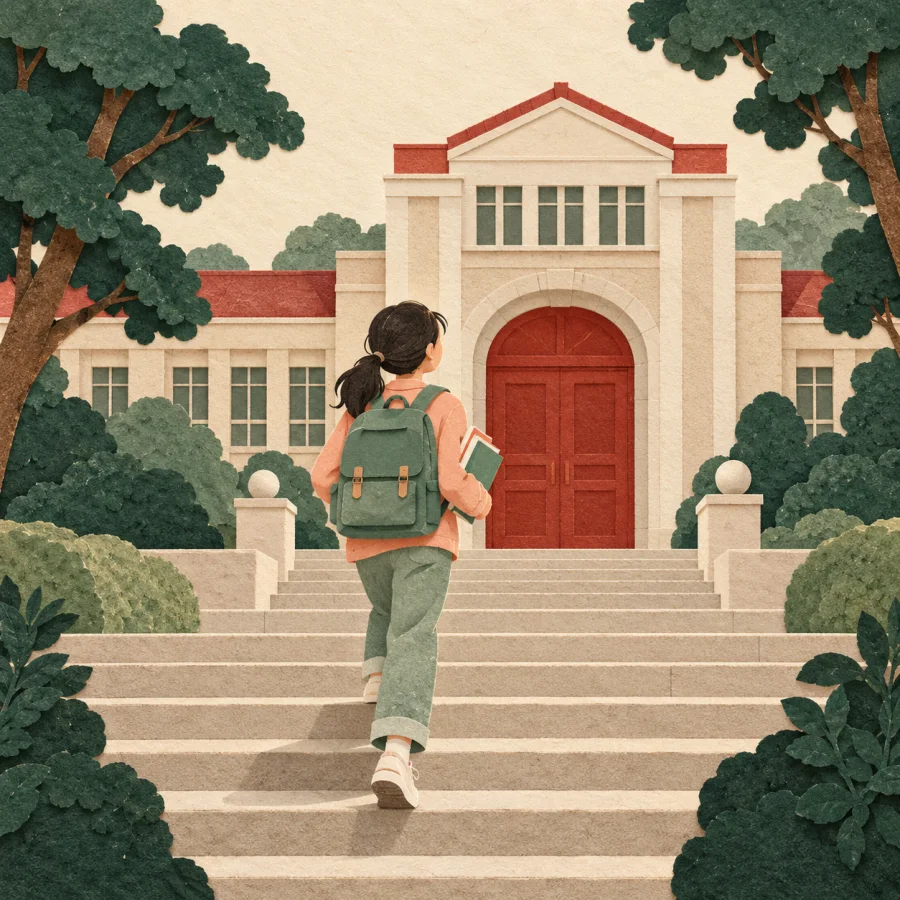 A student with a backpack walks toward a university building