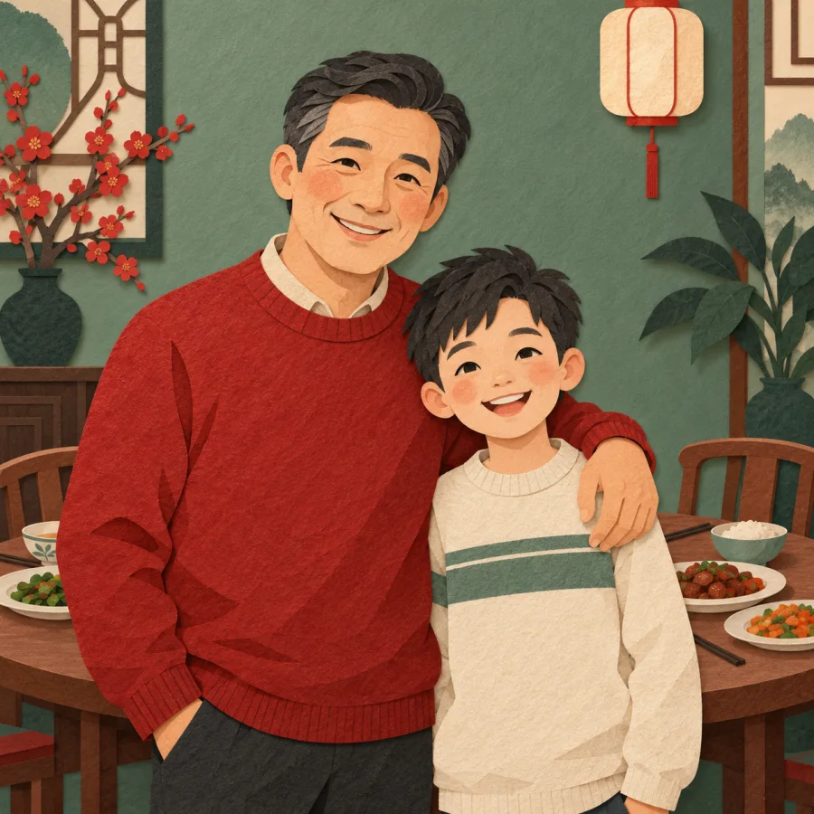 A smiling man with his arm around a child