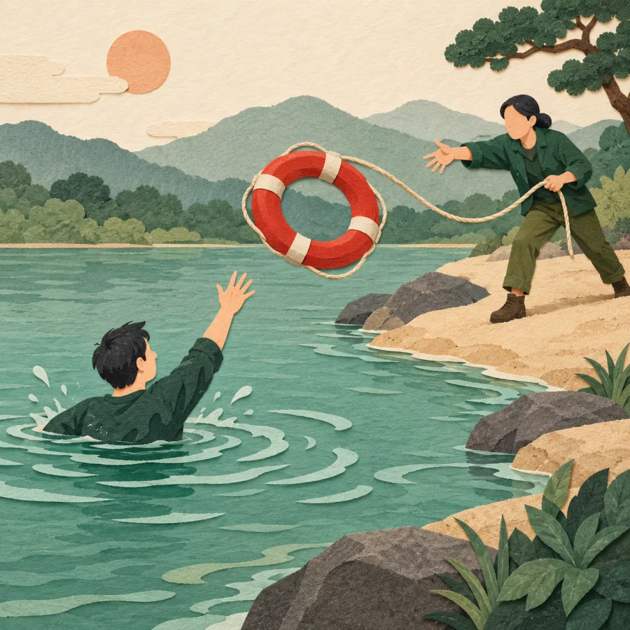 A red life ring is thrown to a person in the water