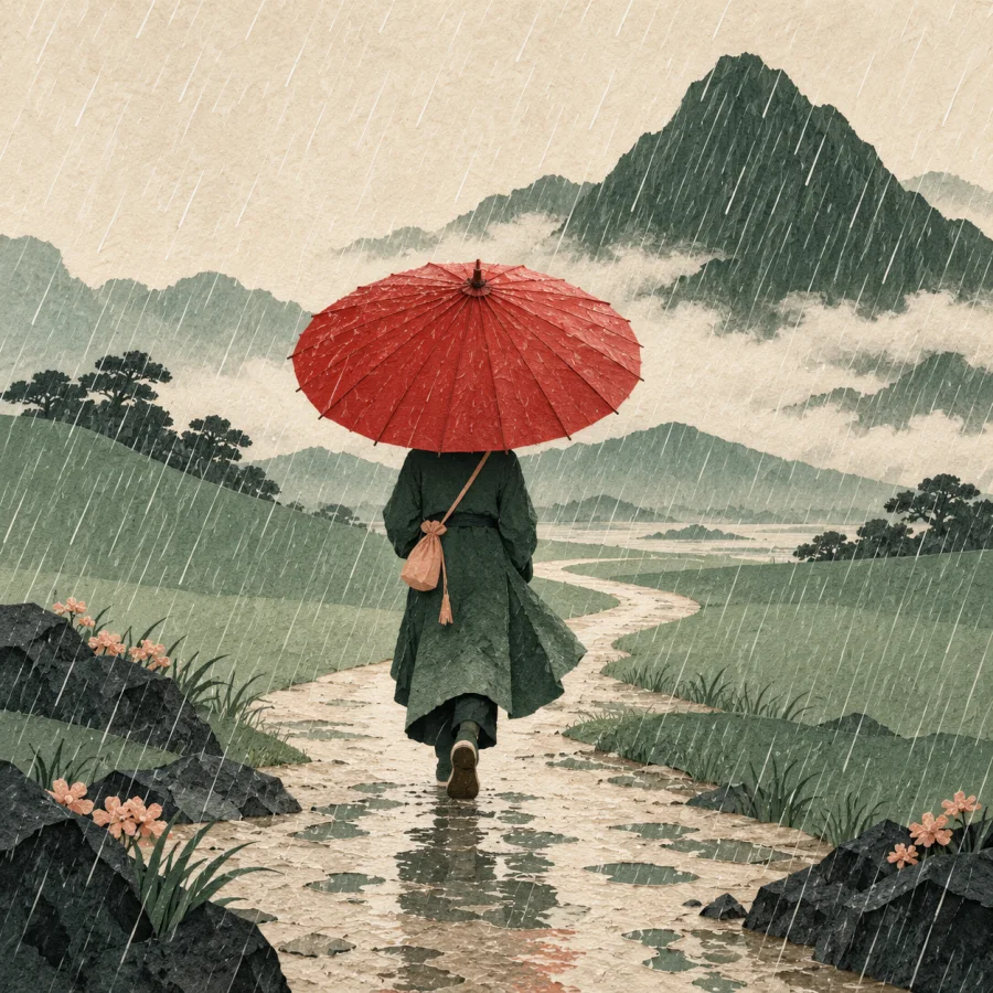 A person with a red umbrella walks in rain toward a mountain