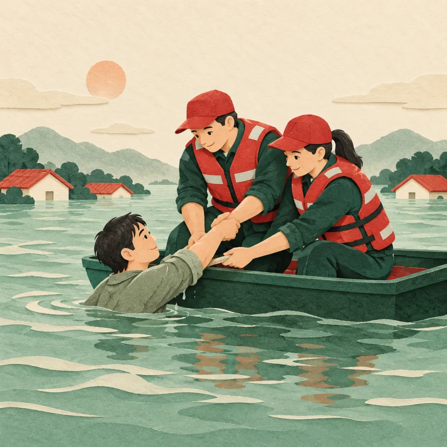 Rescuers in vests help people out of floodwater