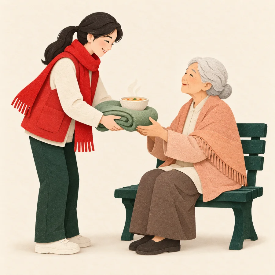 A volunteer hands a blanket and food to an elderly person