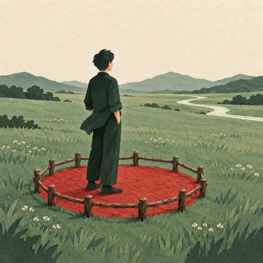 A person stands in a tight circle with a wide meadow around