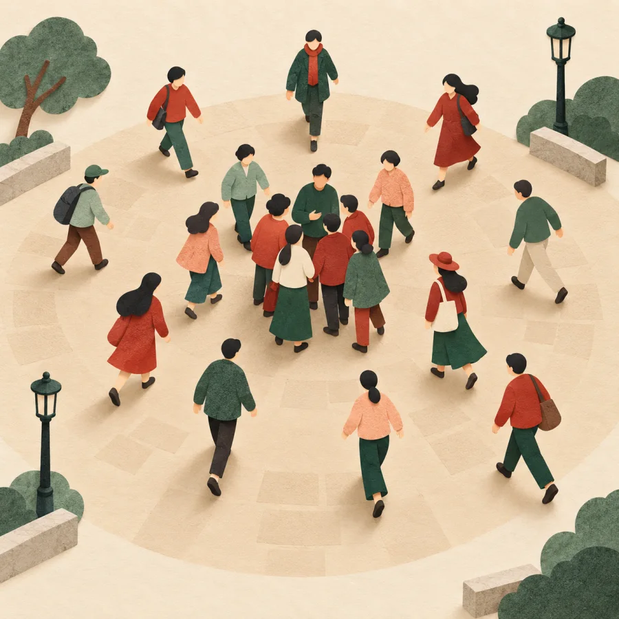 Many people gather in a square around its centre