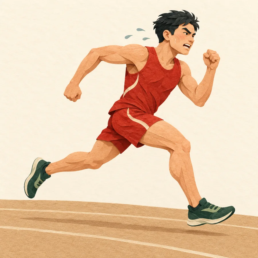 A runner sprints with all their might, hair streaming back