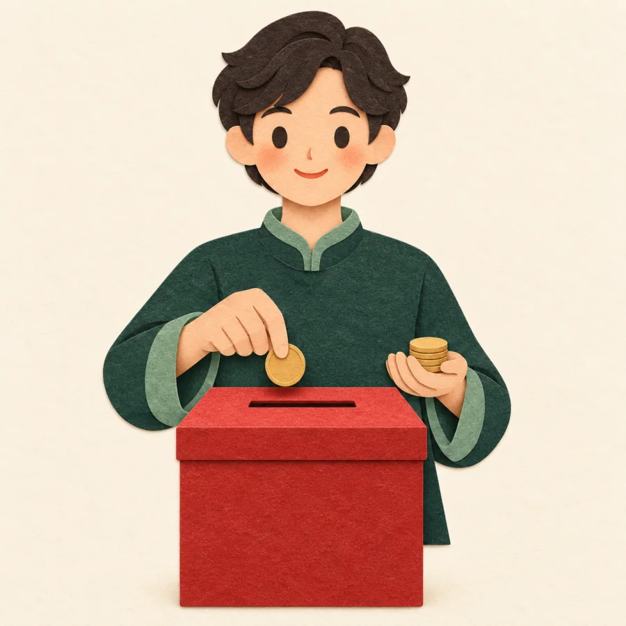 A person drops coins into a red donation box