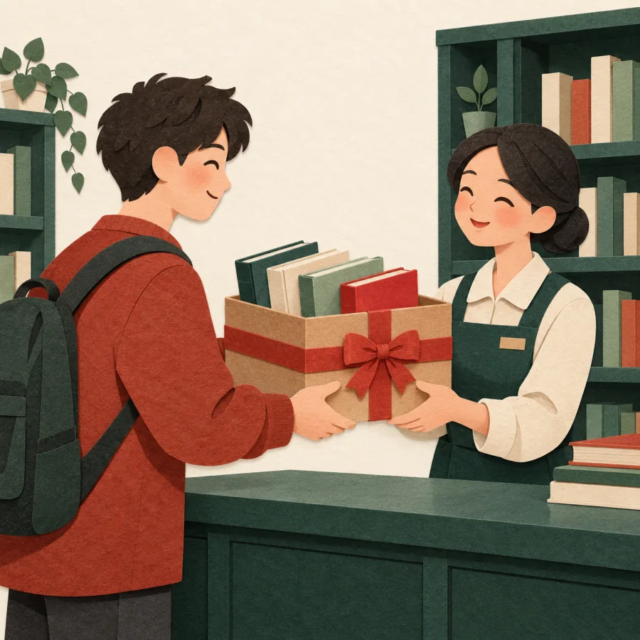 A person hands a box of books to a librarian
