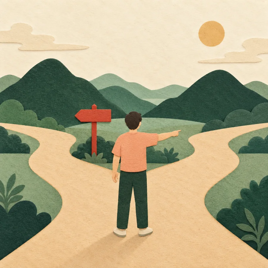 A person at a fork in the road choosing a path