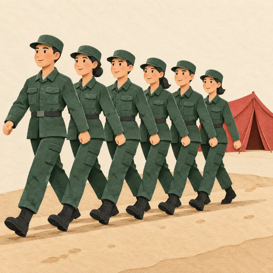 A row of people in uniform marching along a road