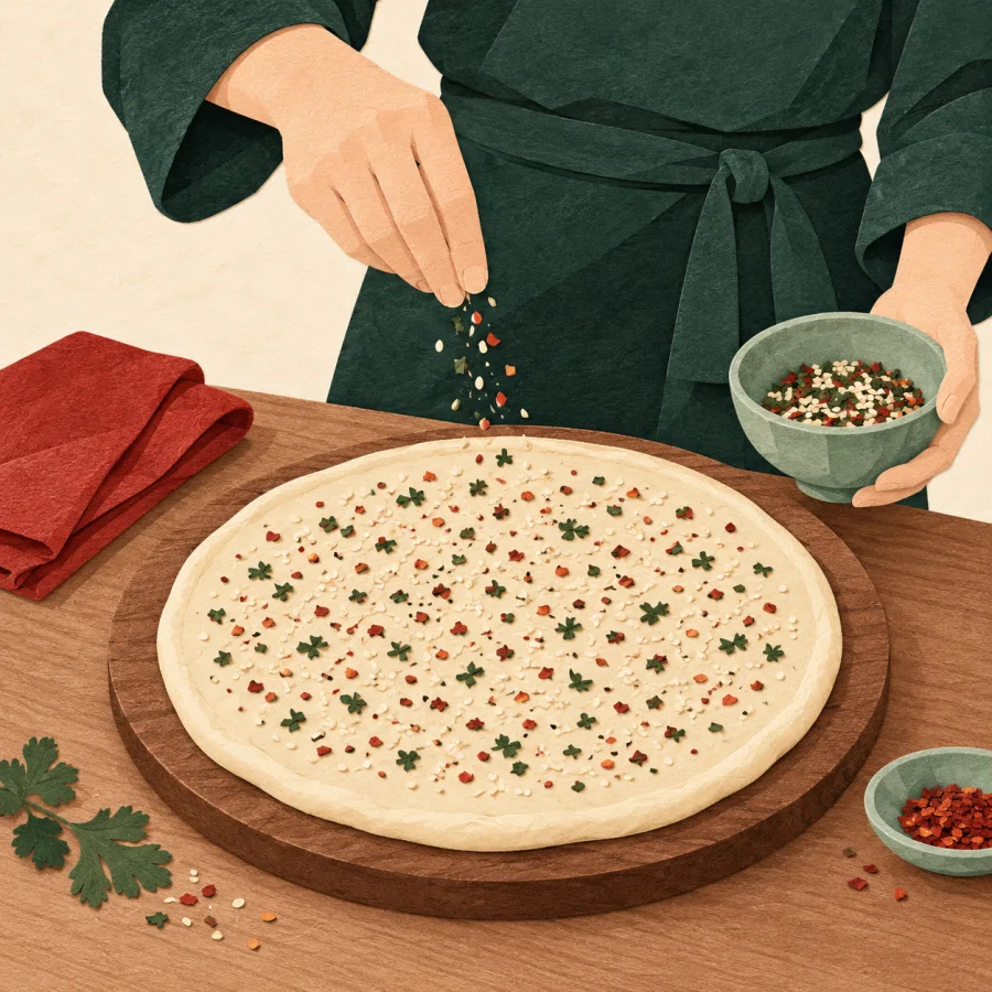 A person evenly sprinkles seasoning over a flat dough