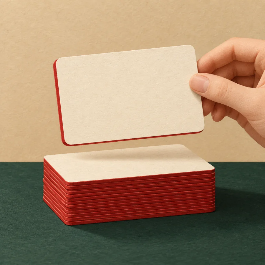 A stack of paper cards on a desk