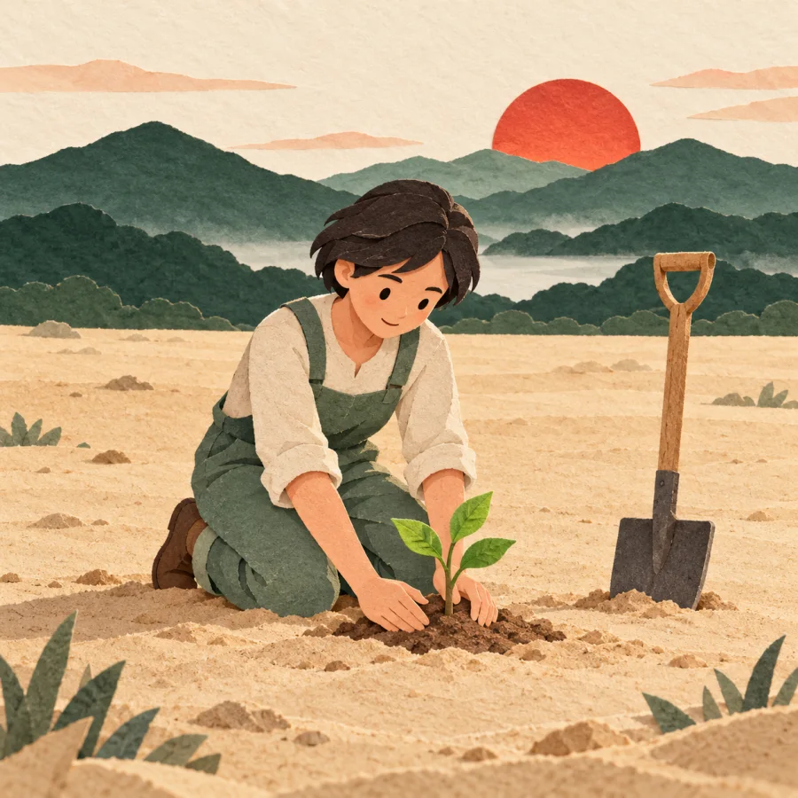 A person plants the first sapling in an empty field