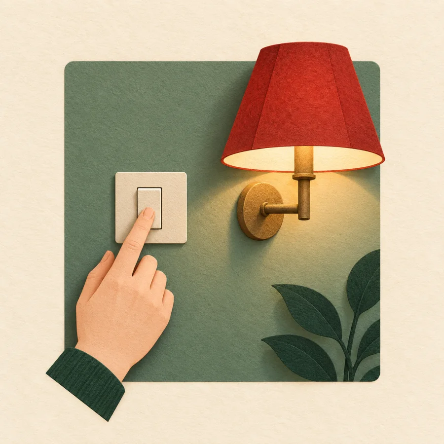 A wall switch next to a glowing lamp