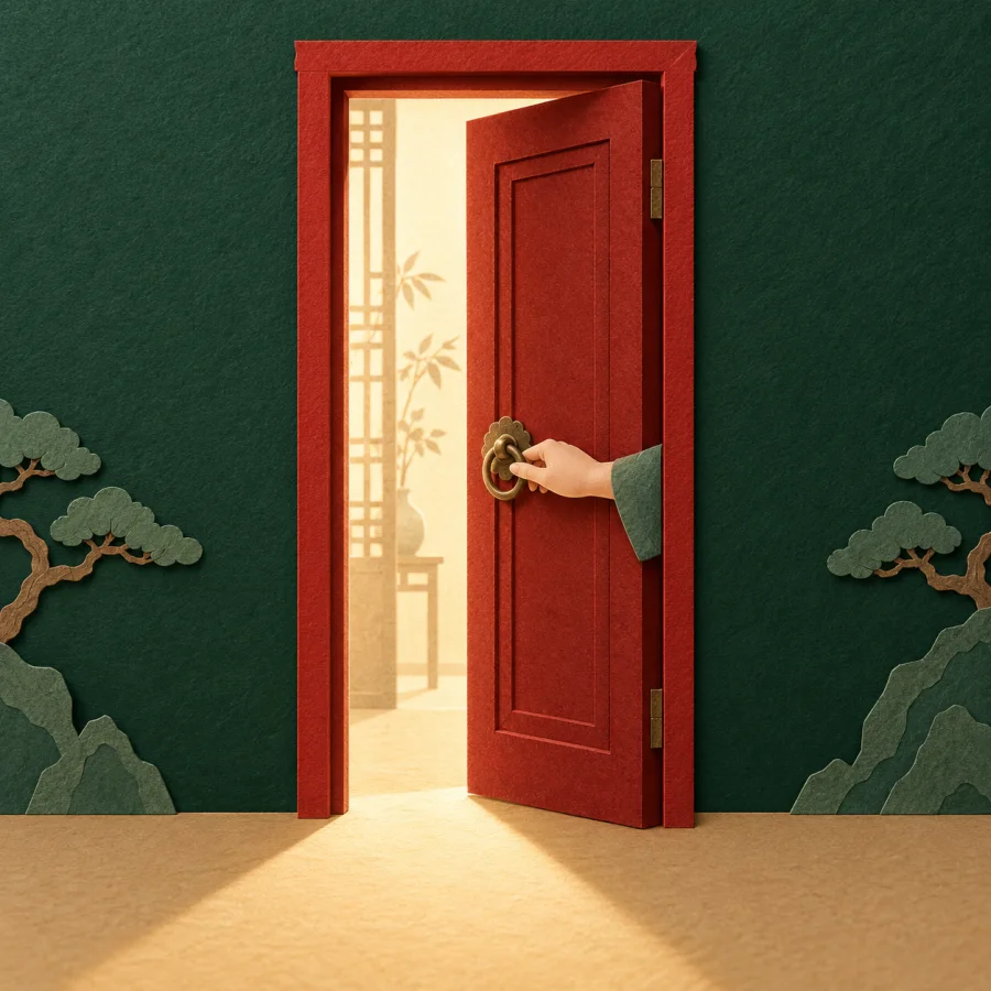 A hand opens a door with sunshine behind it