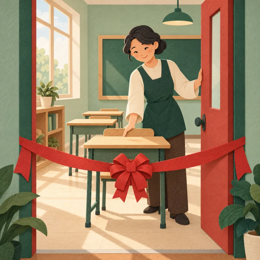 A person opens a new classroom door and sets up desks