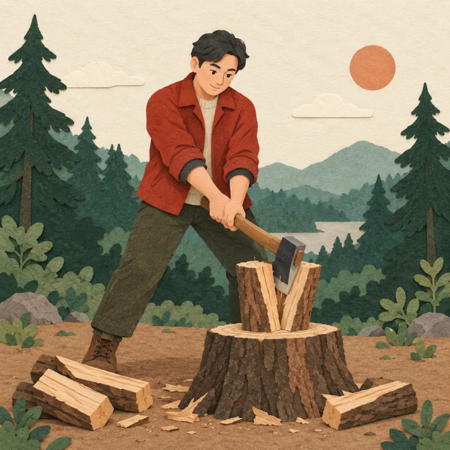 A person chops a log on a stump with an axe