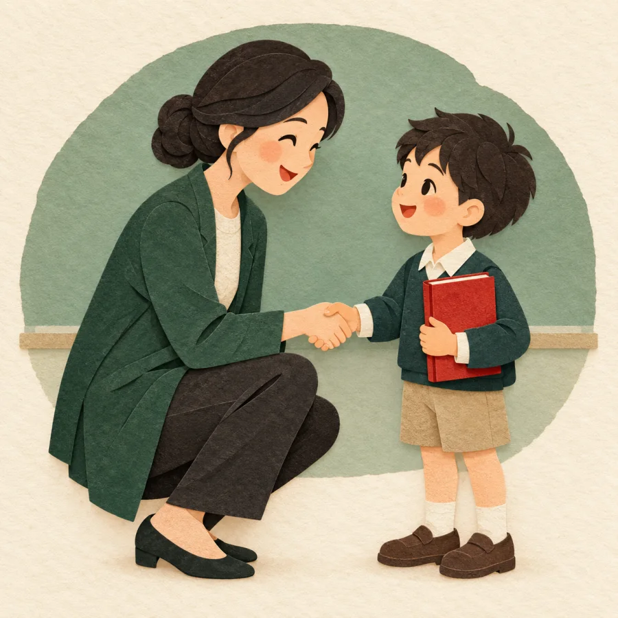 A teacher respectfully shakes a student's hand