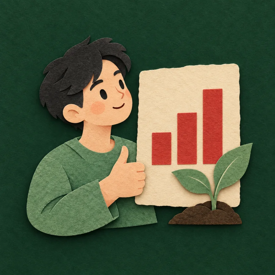 A person looks hopefully at a rising chart and a sprout