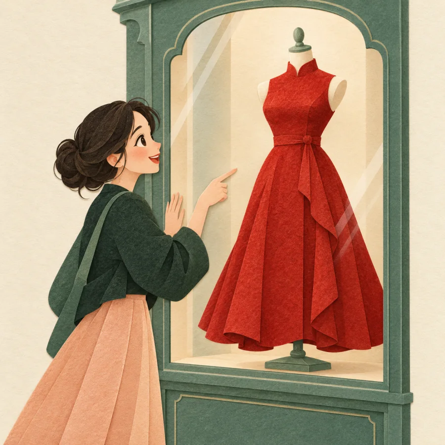 A person gazes fondly at a red dress in a shop window