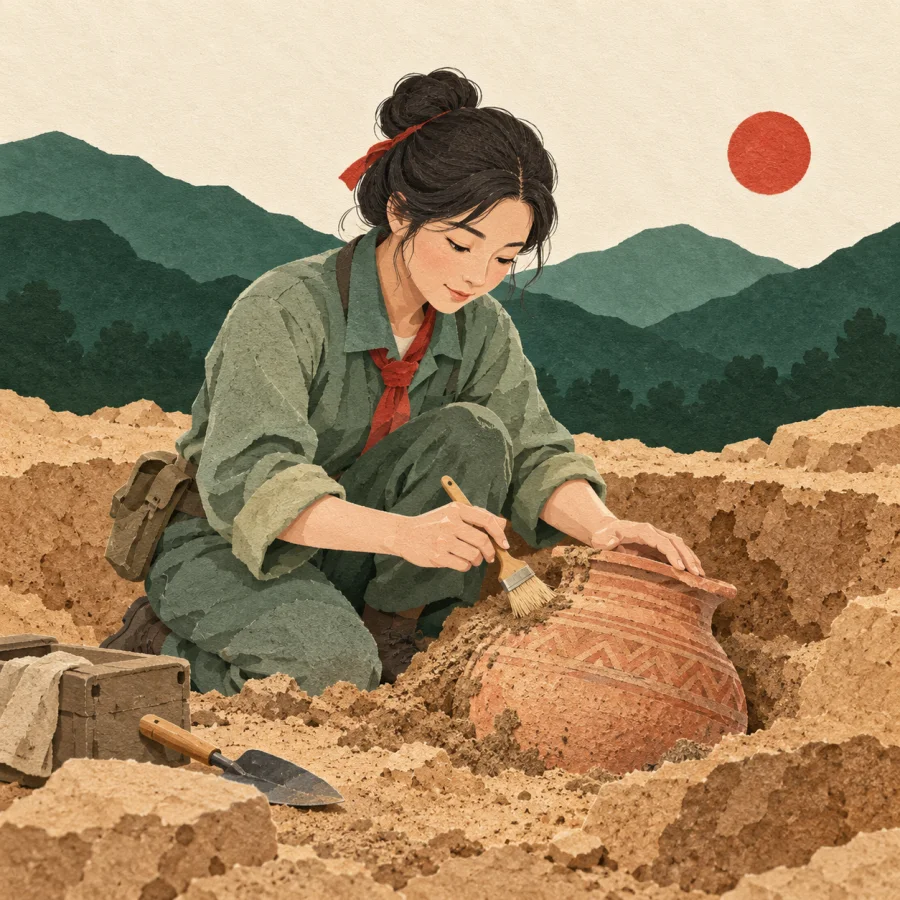 A person brushes a clay pot in an excavation pit