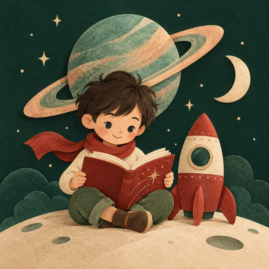 A child reads a book beside a rocket and a ringed planet