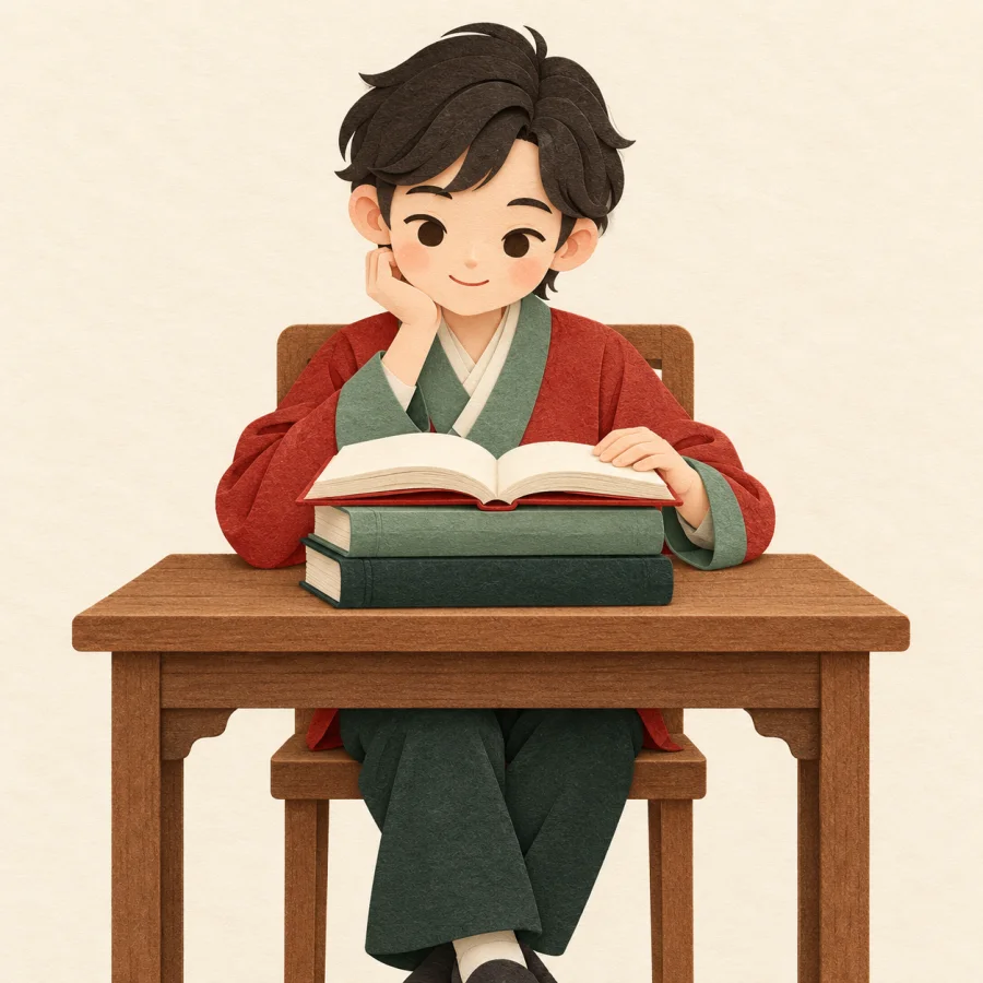 A student at a desk beside a stack of three textbooks