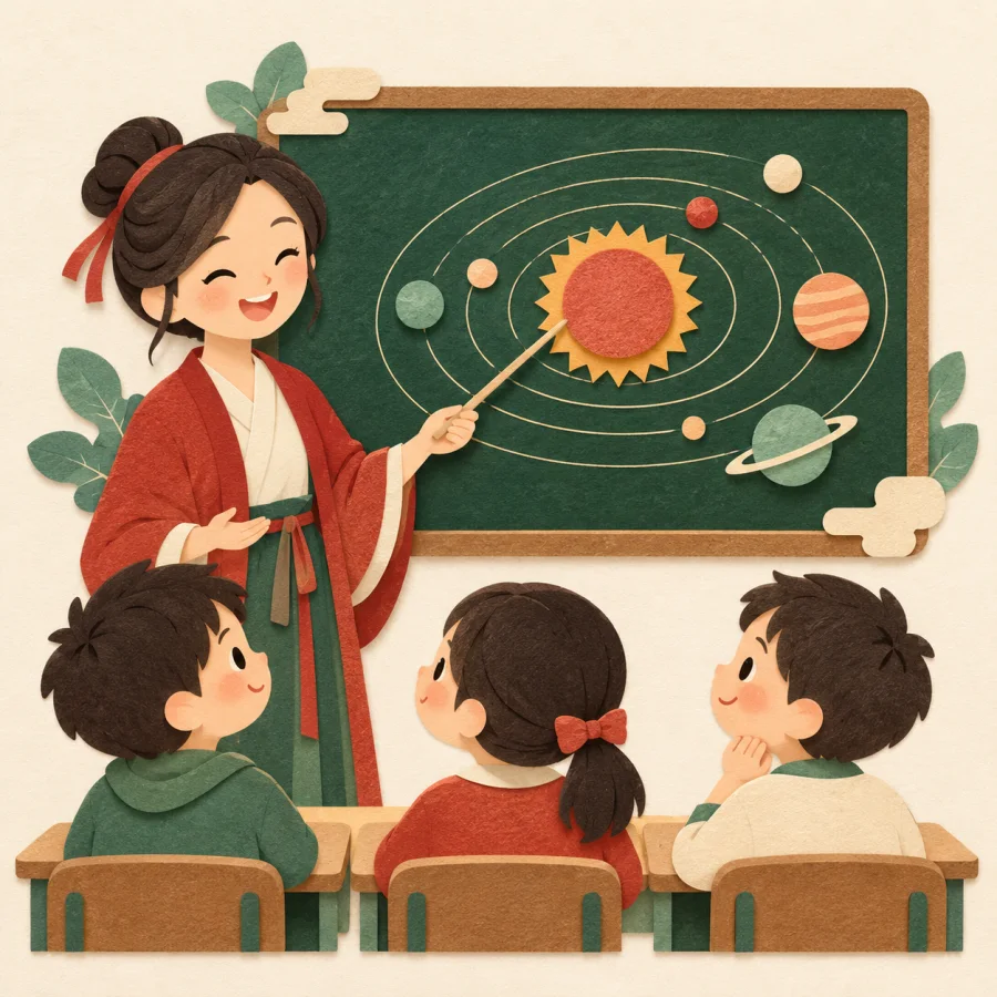 A teacher at a board explains the sun and planets to children
