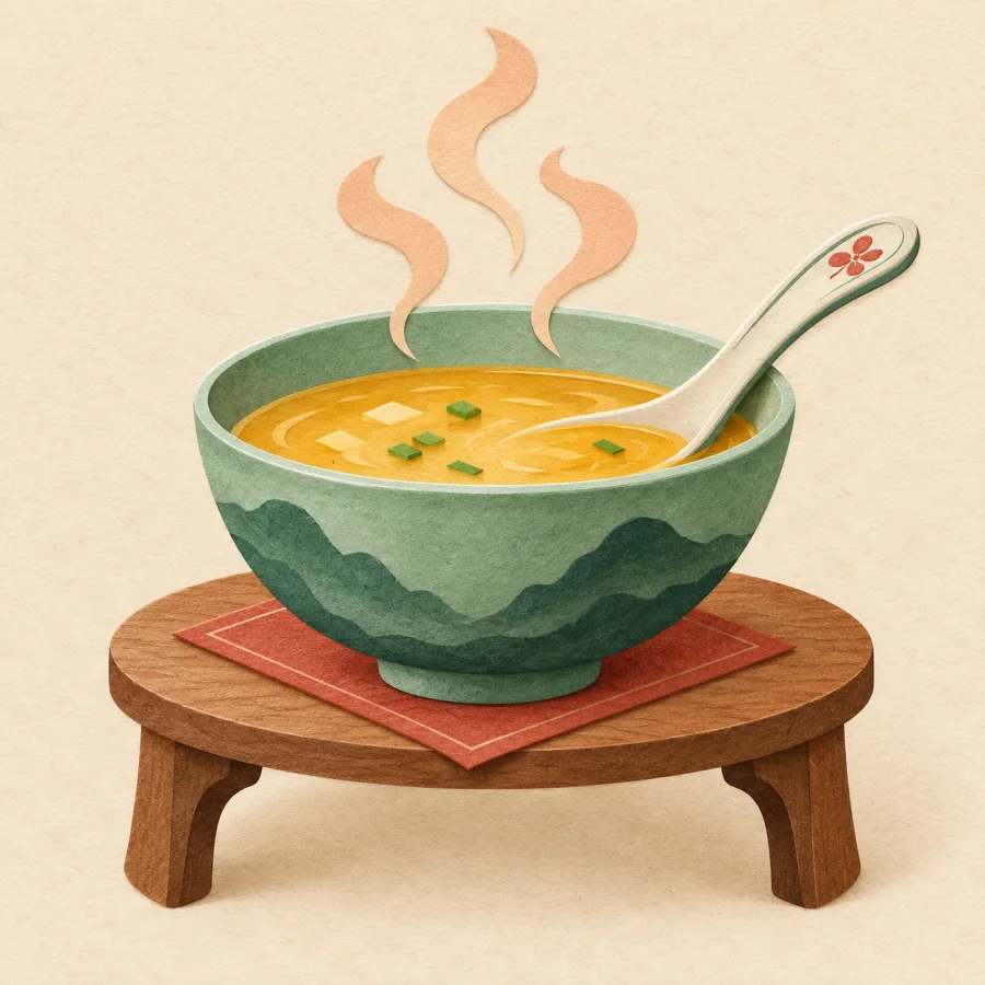 A steaming bowl of soup with a spoon on a table