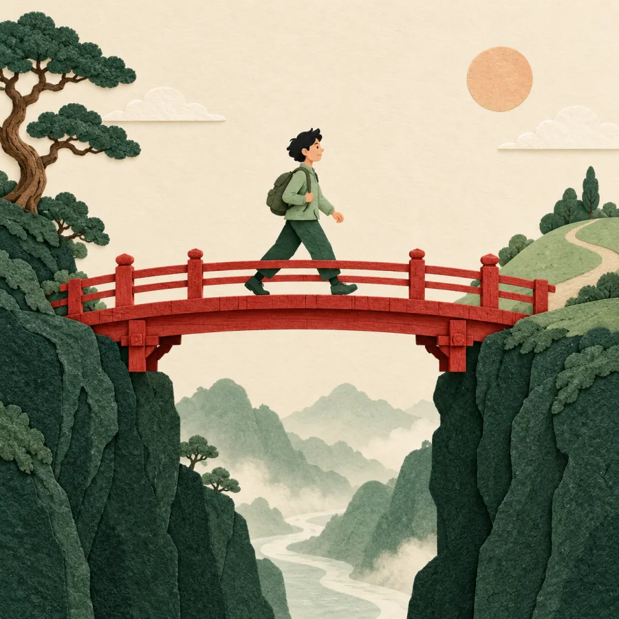 A person walks confidently over a sturdy bridge across a gap