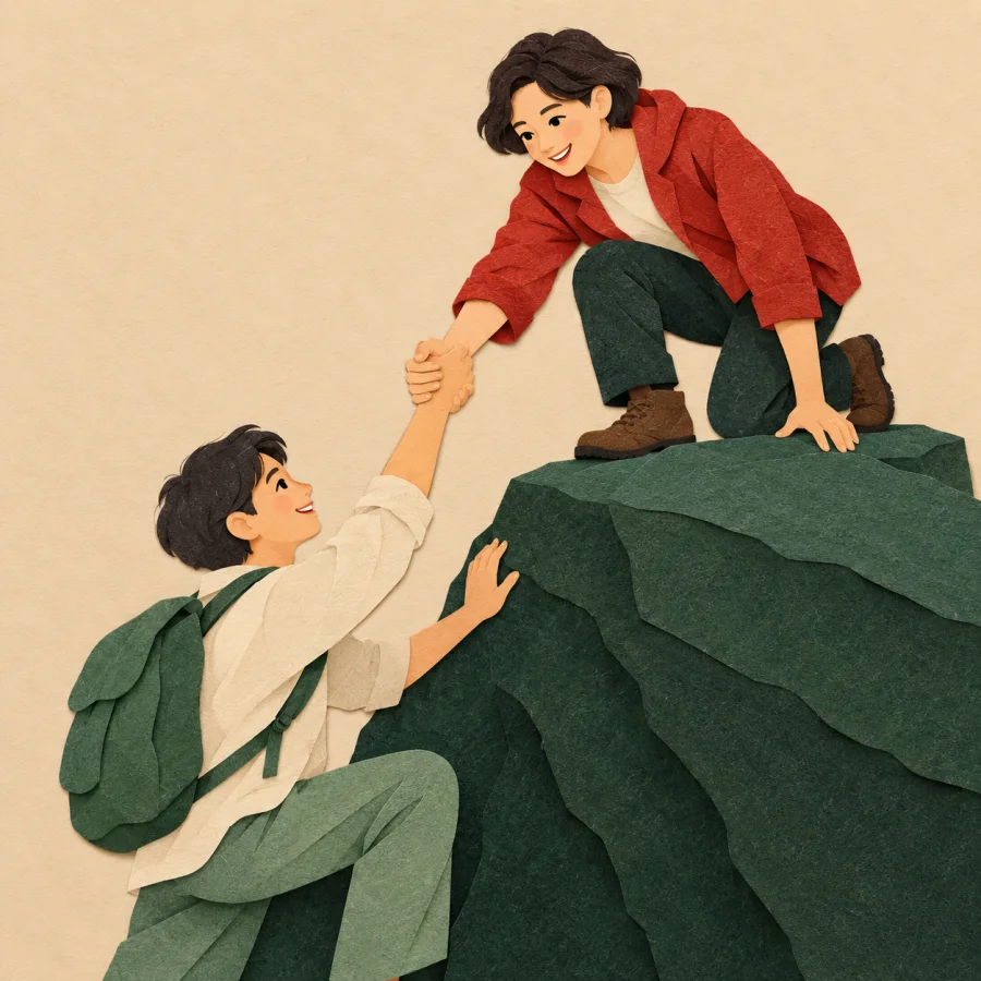One person reaches a hand to help another climb up