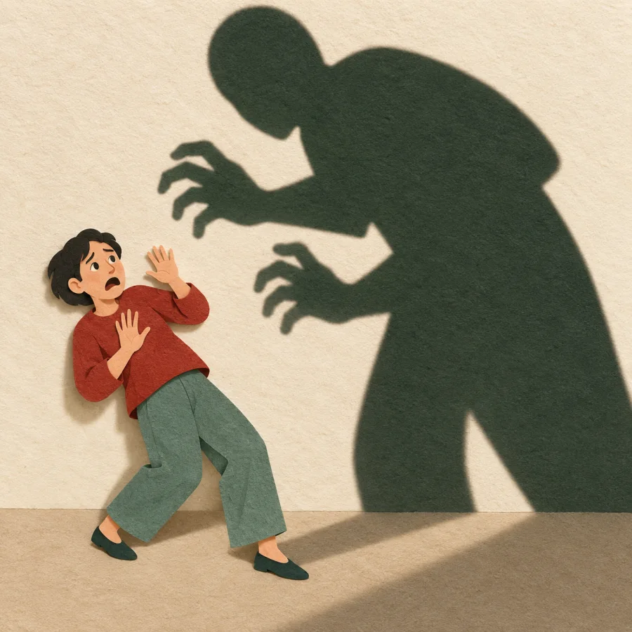 A frightened person shrinks back from a huge shadow on a wall