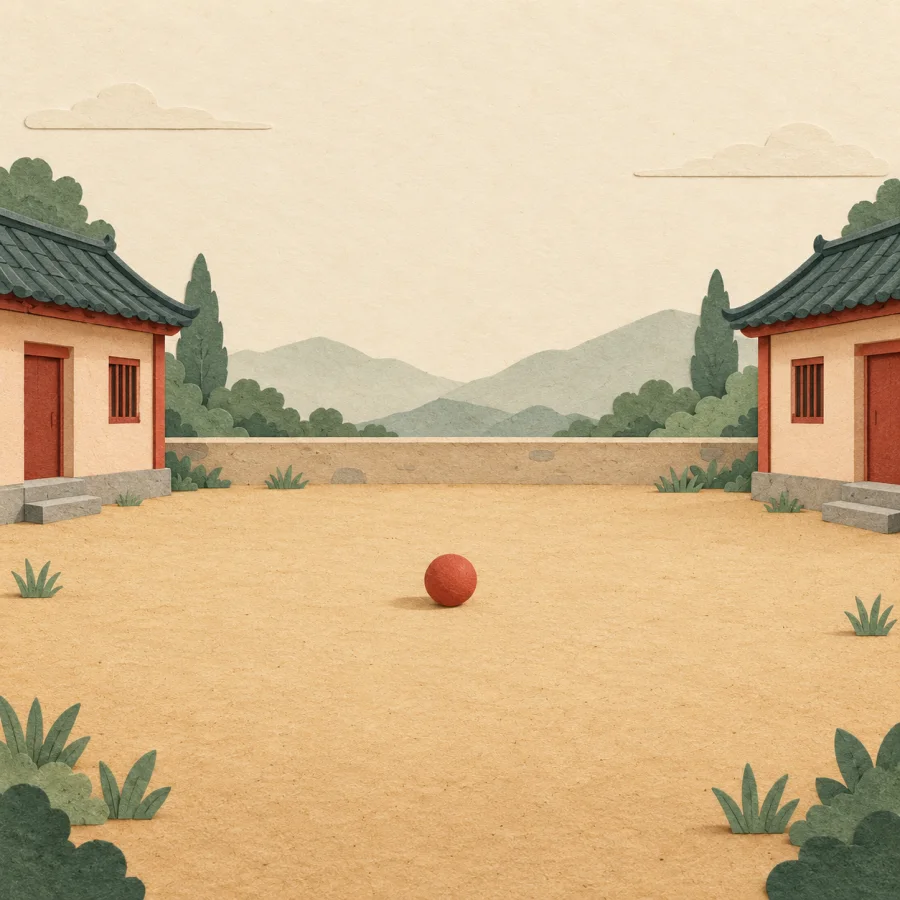 An empty sandy lot between two buildings with a ball on it
