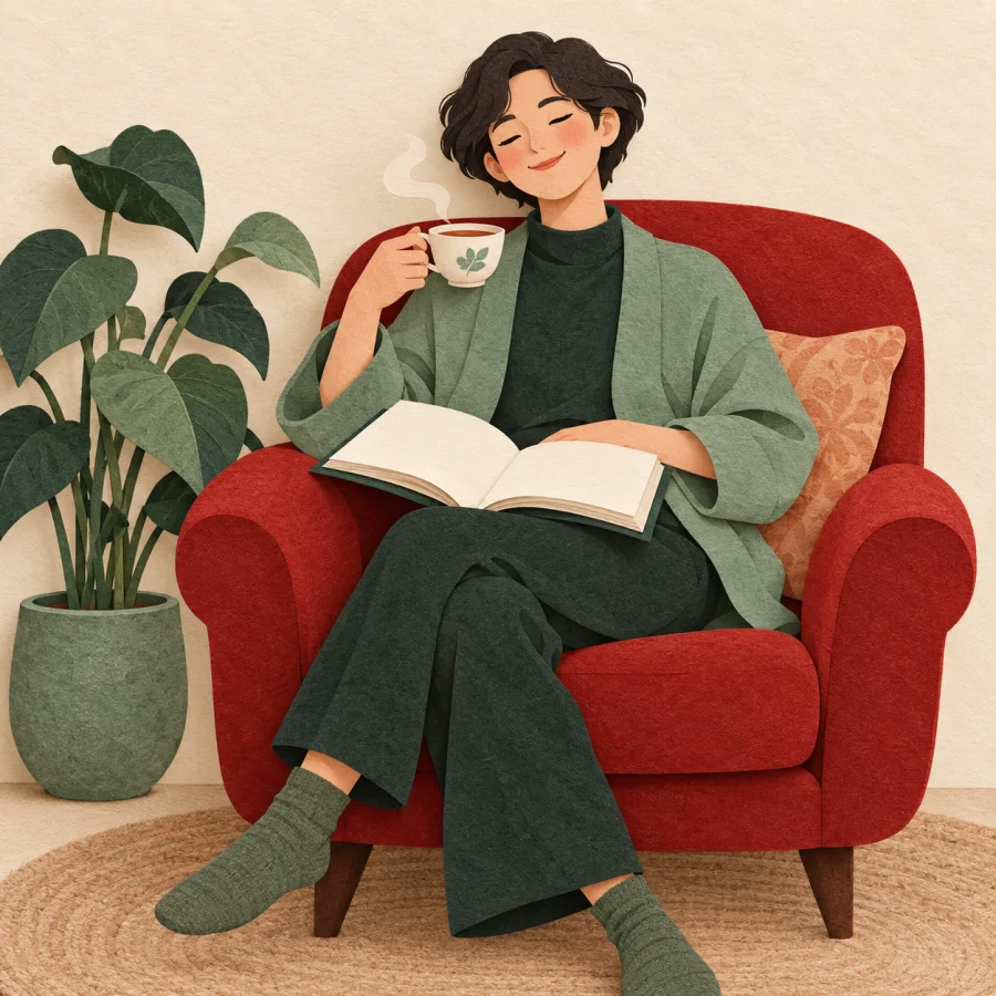 A person relaxes in an armchair with tea and a book