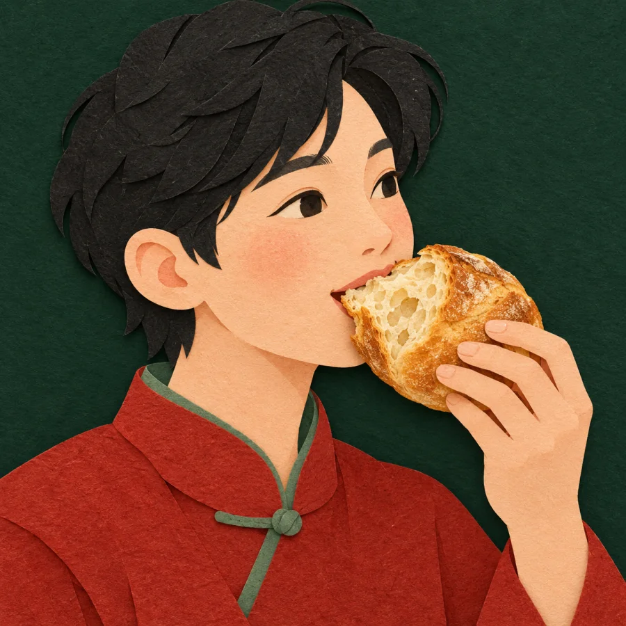 A person bites into a crusty bread roll with a soft inside