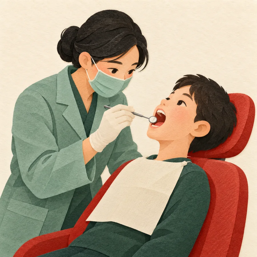 A dentist examines a patient's open mouth with a small mirror